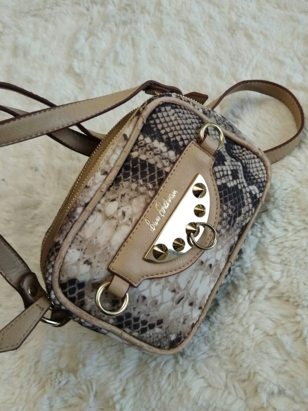 Sam Edelman Double Zip Crossbody Bag Snakeskin Animal Print Faux Leather